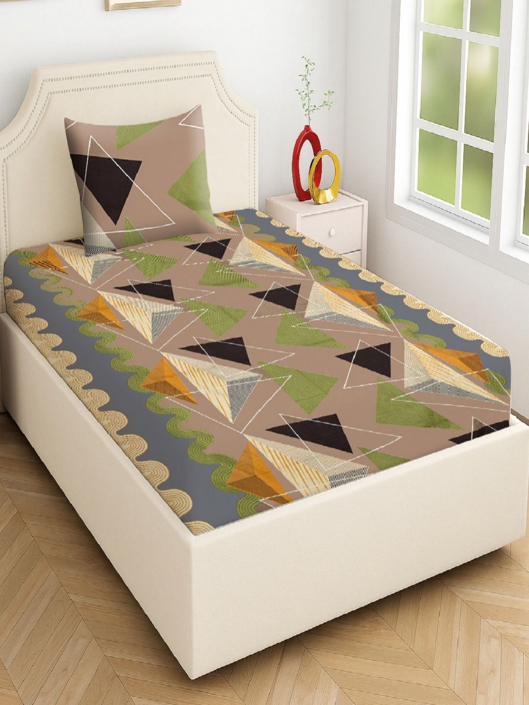 RRC Brown & Yellow Geometric Printed 144 TC Single Bedsheet Set 2.28 m x 1.52 m-image-2