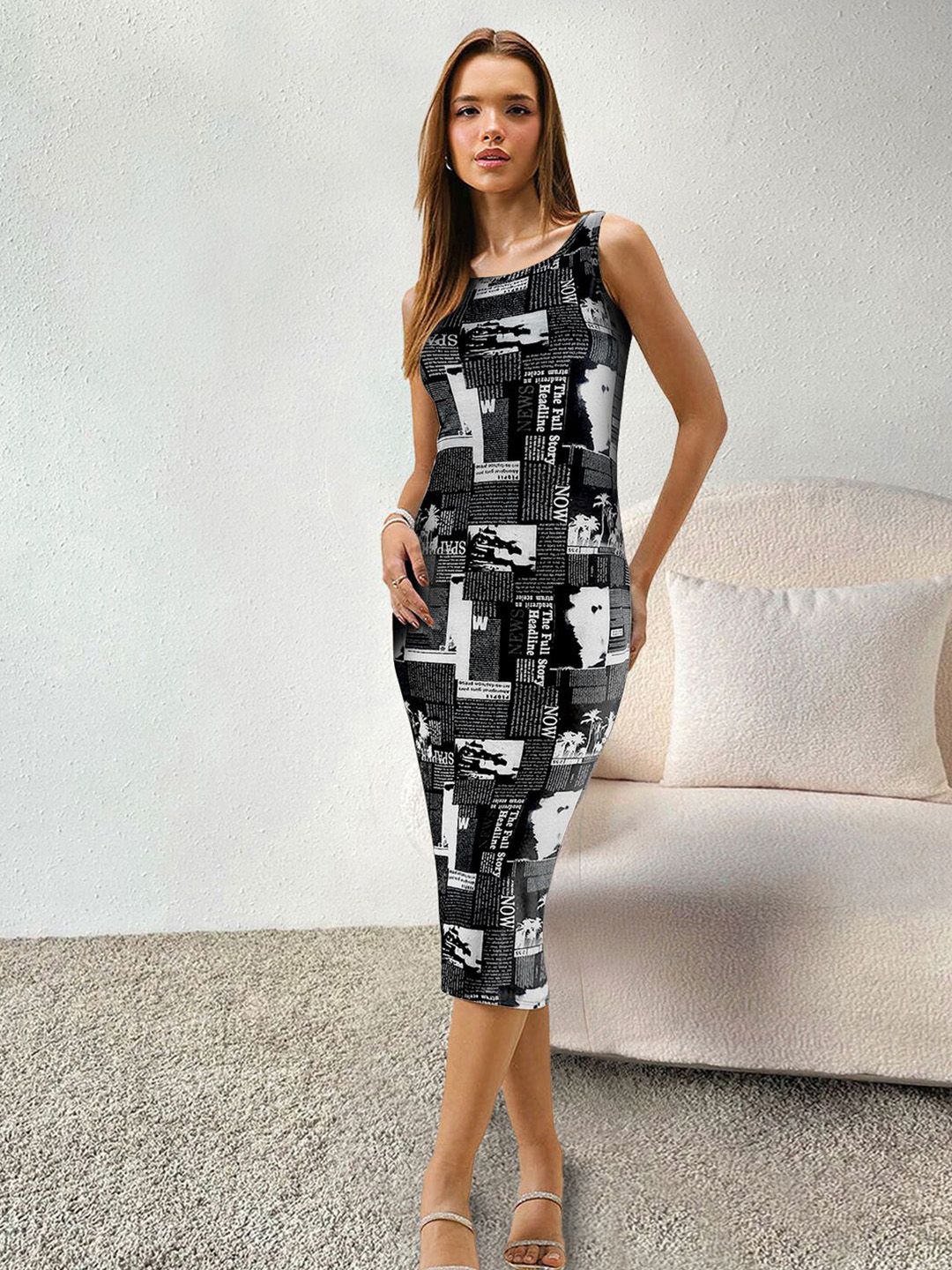 BAESD Women Typography Printed Round Neck Bodycon Midi Dress-picture-24