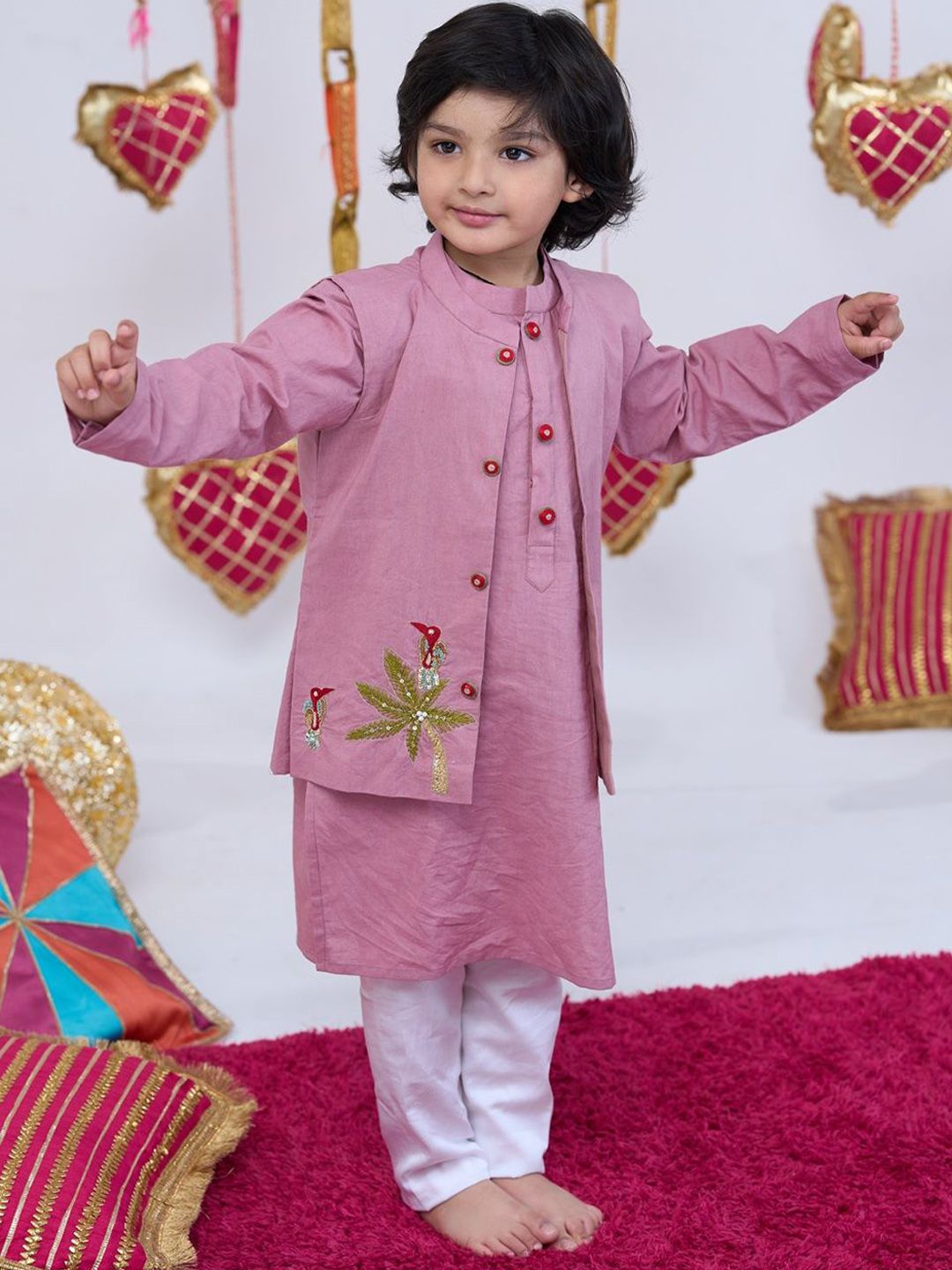 Vivedkids Boys Ethnic Motifs Thread Work With Beads & Stones Pure Cotton Kurta With Pyjama-image-38
