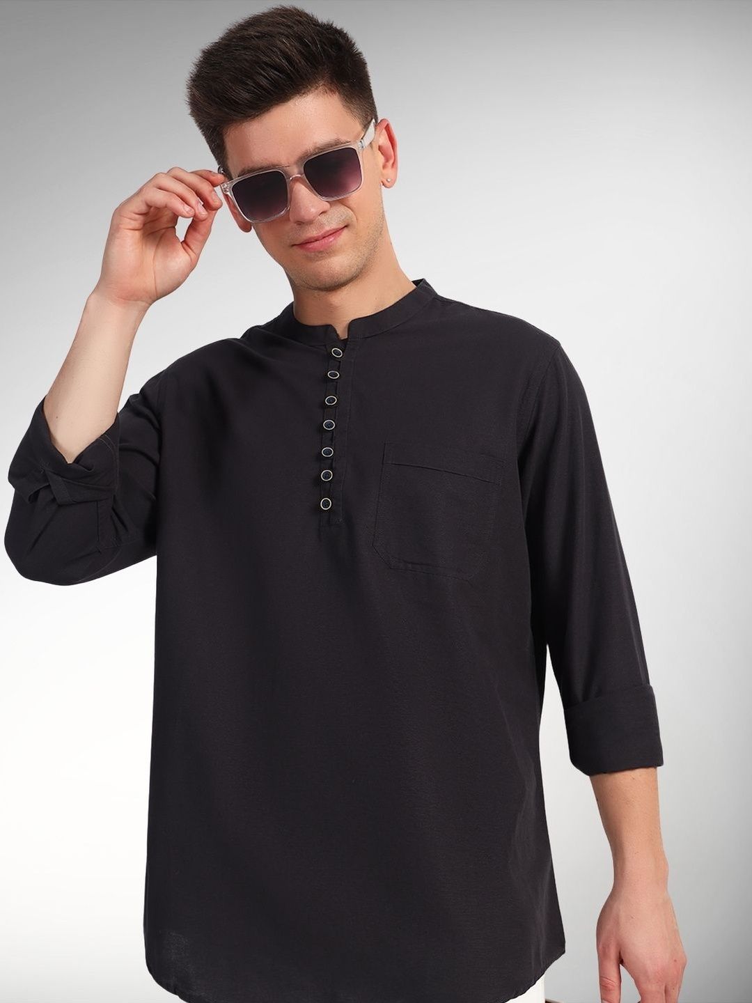 ENSPYR Men Black Solid Cotton Straight Kurtas-picture-28