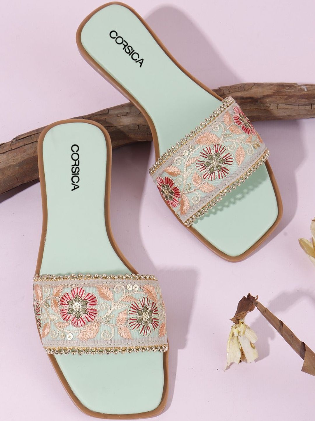 CORSICA Women Green Embellished Synthetic Open Toe Flats-picture-38