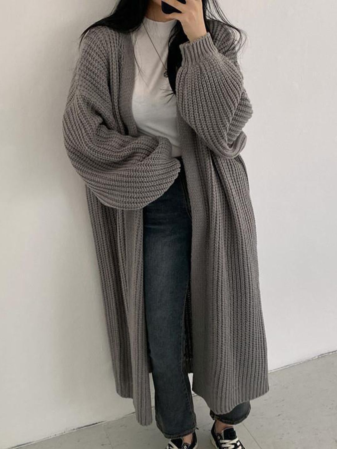 DressBerry Women Grey Front Open Long Sleeves Cotton Longline Sweater-image-32