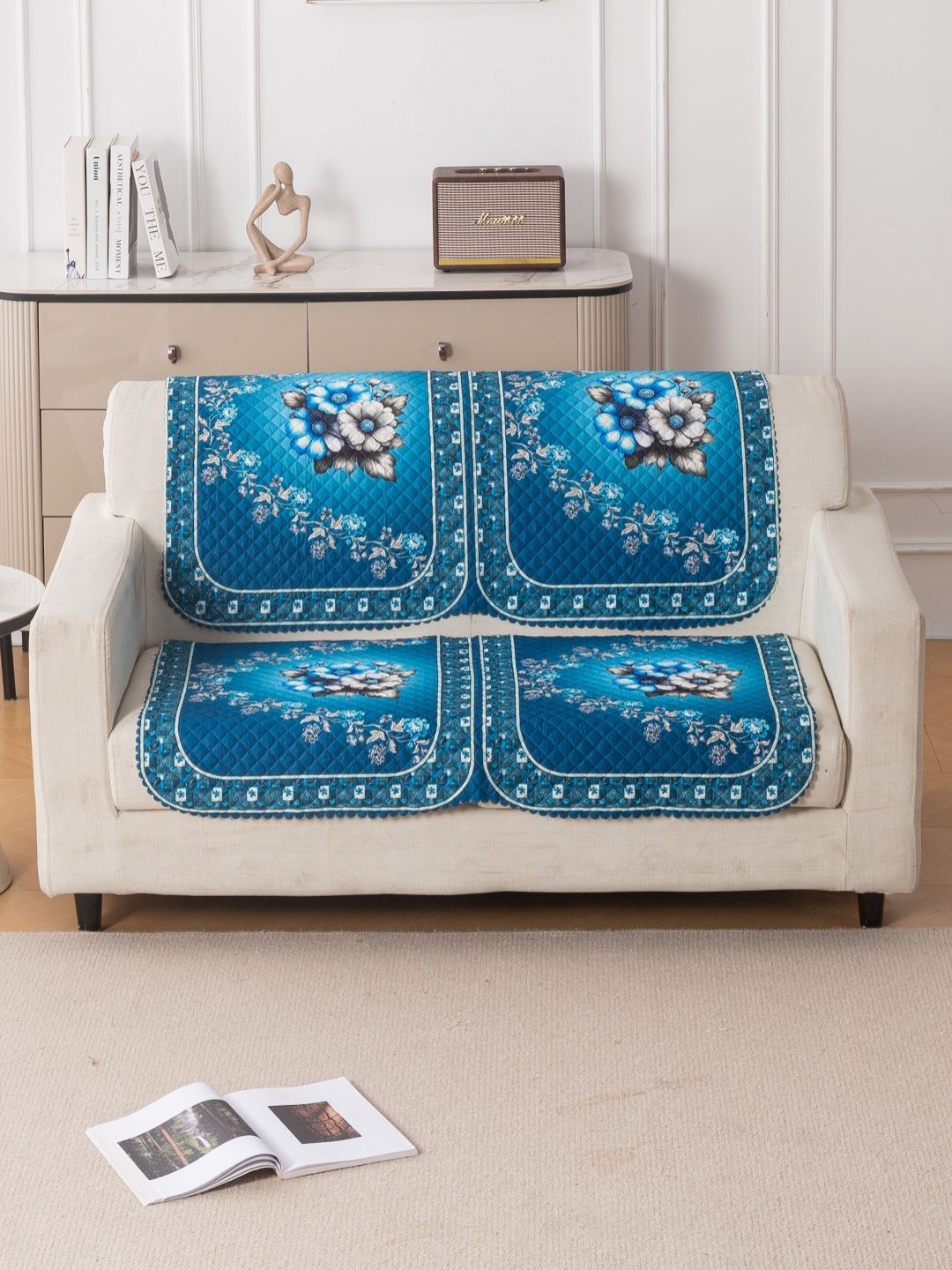 HOKIPO Royal Meadow LoomVerse Blue & White 2 Pieces Printed 2 Seater Sofa Covers-image-4