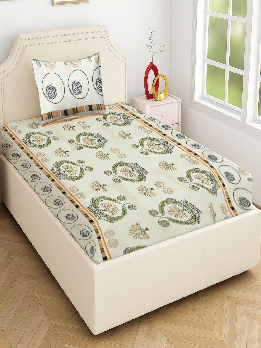 RRC Green & Cream Floral Printed 144 TC Single Bedsheet Set 2.28 m x 1.52 m-image-1