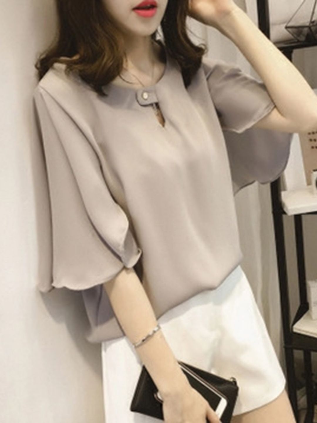 DressBerry Keyhole Neck Flared Sleeve Top-picture-19