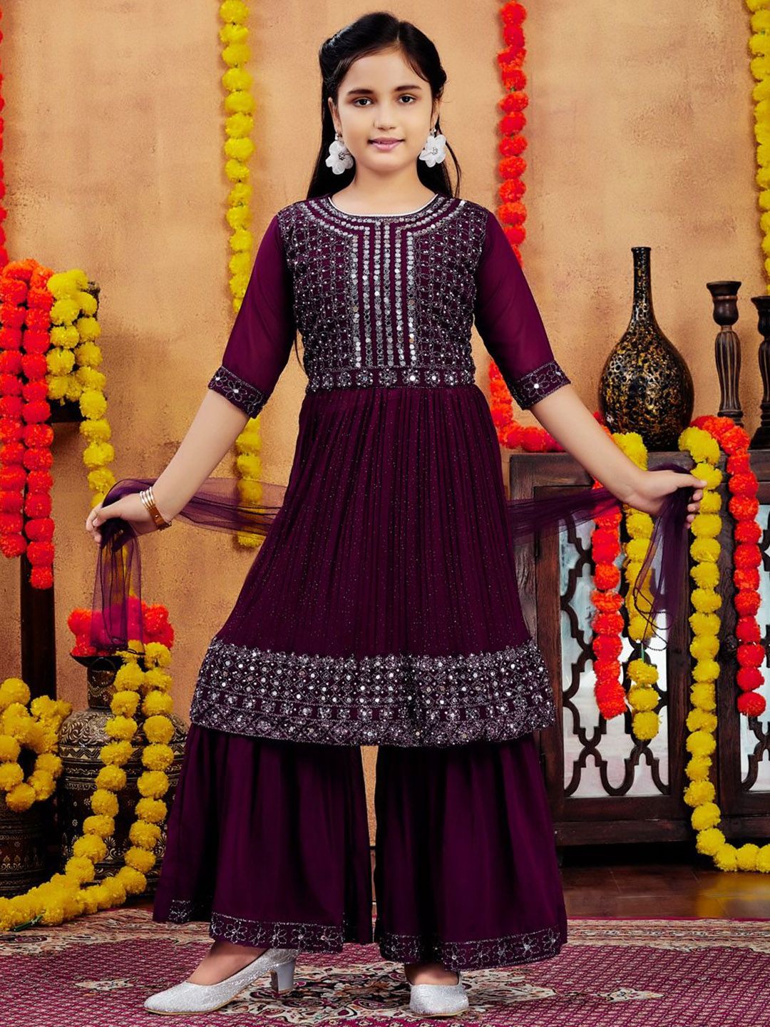 BAESD Girls Purple Mirror Embroidery Georgette Ethnic Wear Kurti Sharara Set-picture-50