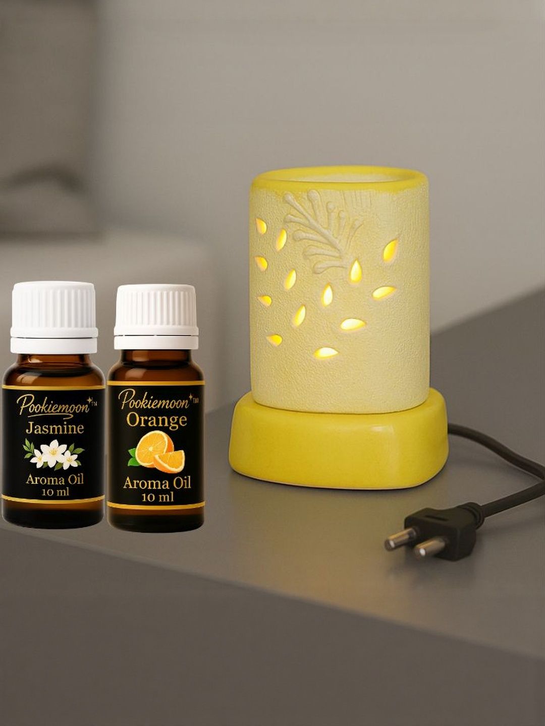 Pookiemoon Yellow Ceramic Electric Aroma Diffuser with Jasmine and Orange 10ml Each-image-2