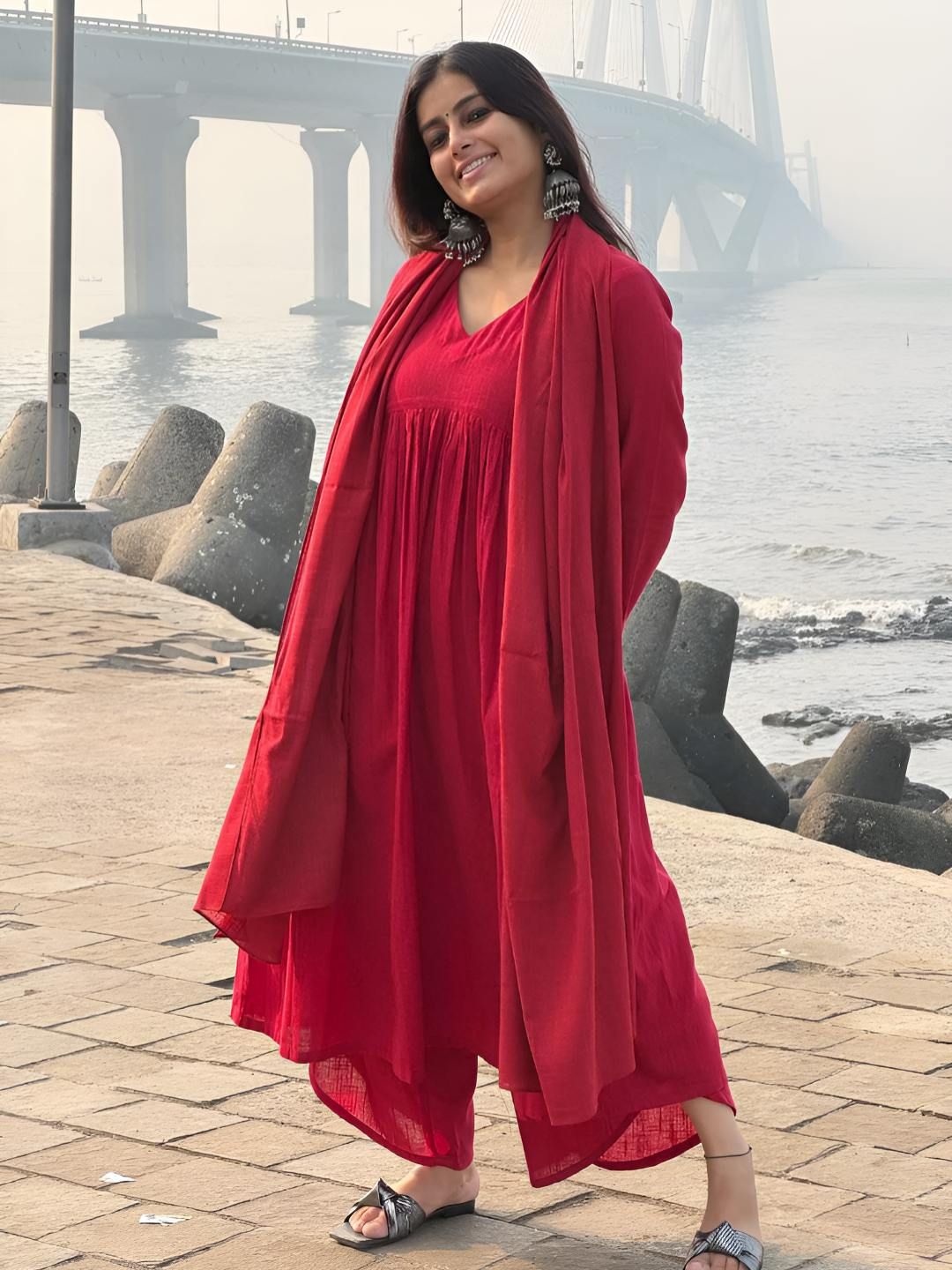 GoSriKi Women Solid A-Line Kurta with Palazzos & Dupatta-picture-16