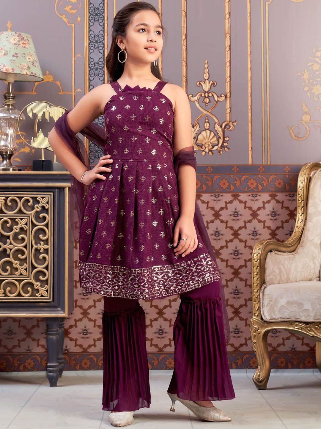 BAESD Girls Wine Sequin Embroidery Georgette Kurta Sharara Set With Dupatta-image-43