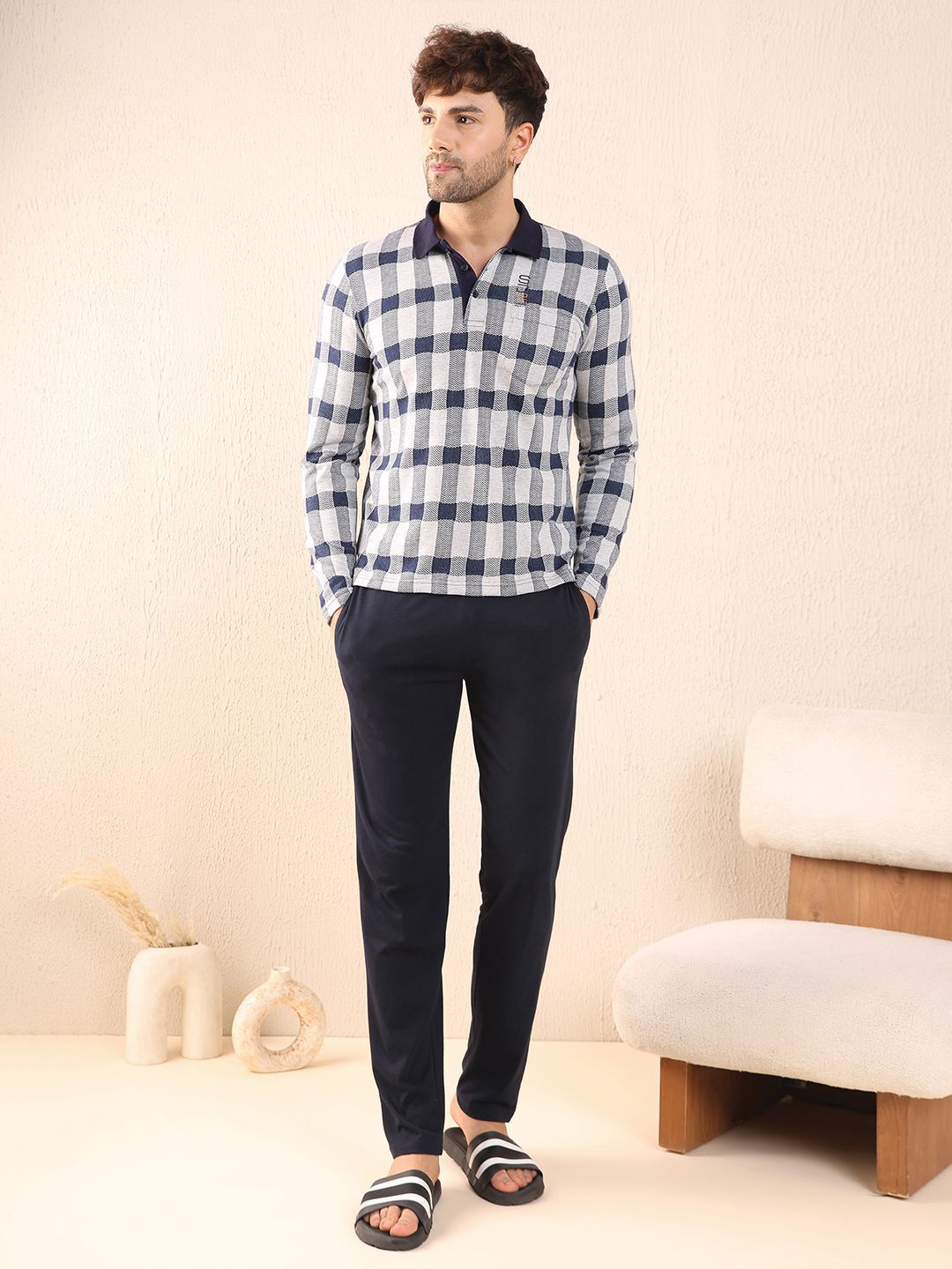 Sweet Dreams Men Checked Polo Collar Night Suit-picture-30