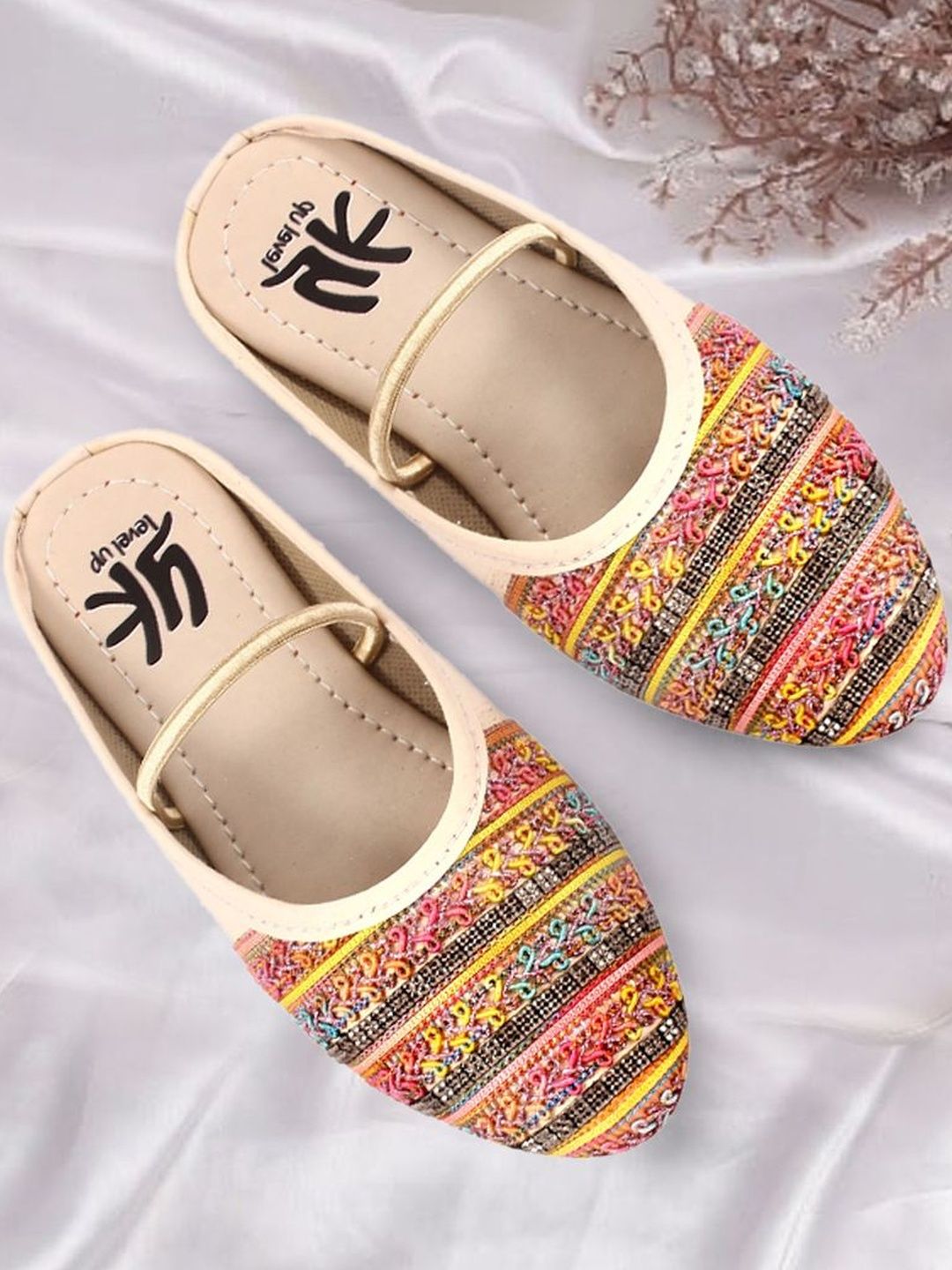 YK Girls Cream Embellished Synthetic Leather Flats