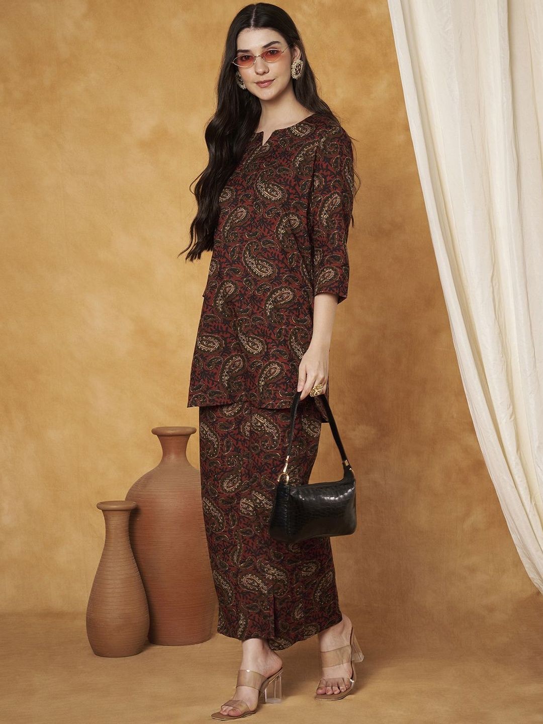 KALINI Printed Pure Cotton Round Neck Three-Fourth Sleeves Top With Trousers Co-Ords-picture-11