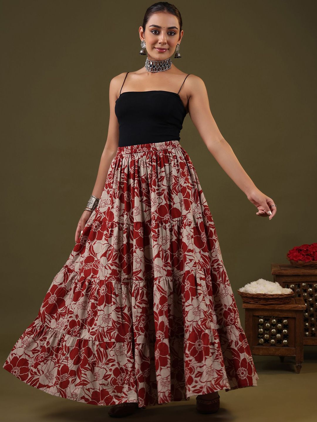 Rimeline Floral Printed Pure Cotton Flared Maxi Skirt-picture-13