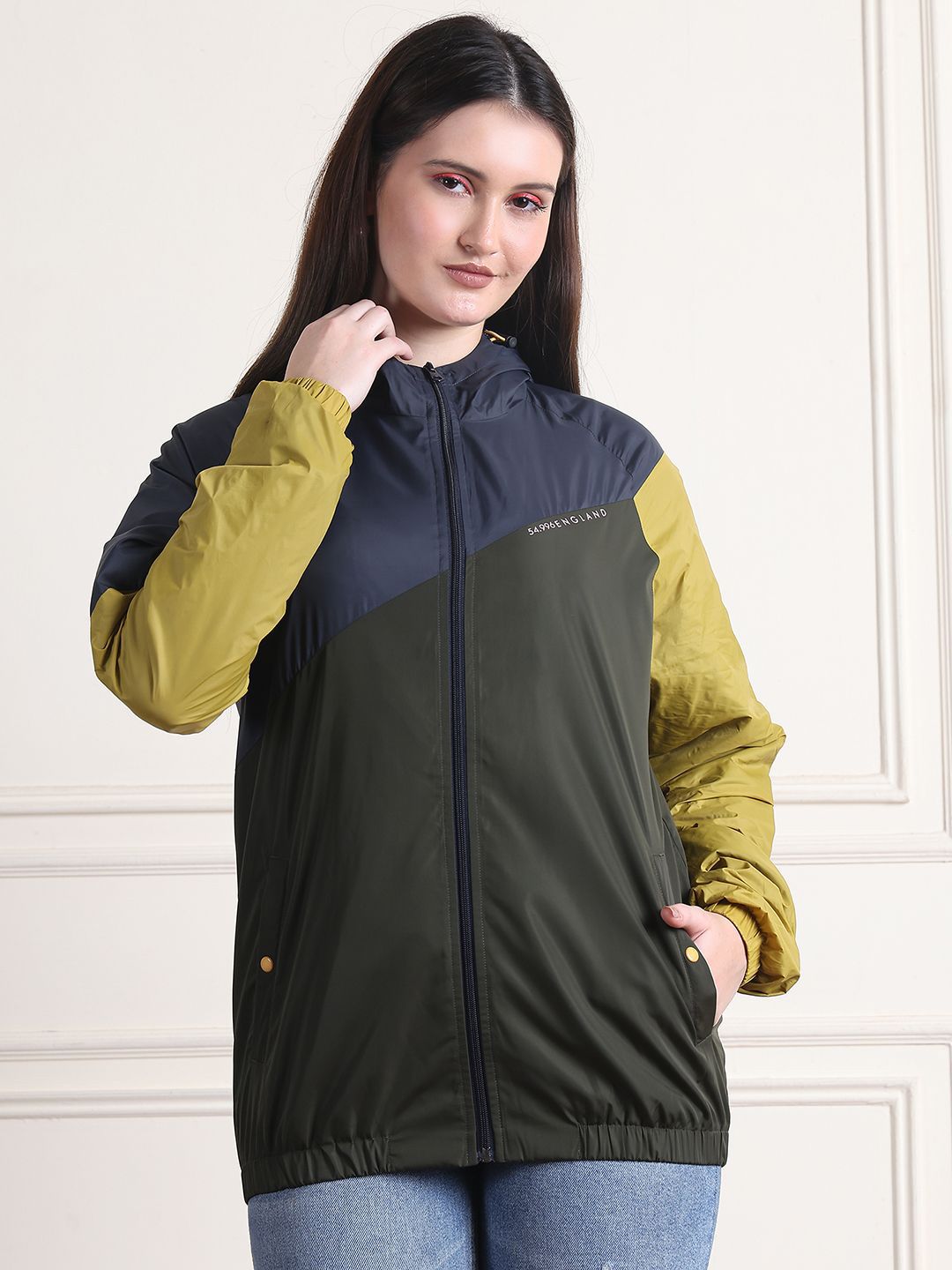 HOUSE OF VEDAS Women Hooded Colourblocked Windcheater Bomber Jacket-picture-52