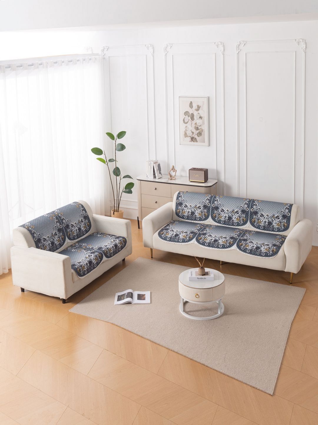 HOKIPO Blue Belle Polyester 5 Seater Sofa Cover Set for Seat & Back-picture-56