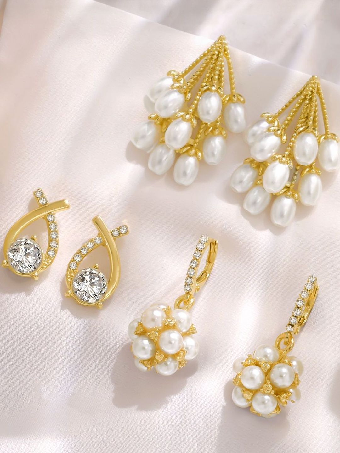 Estailo fashion Set Of 3 Gold-Plated Artificial Stones Studded & Beaded Teardrop Studs-picture-11