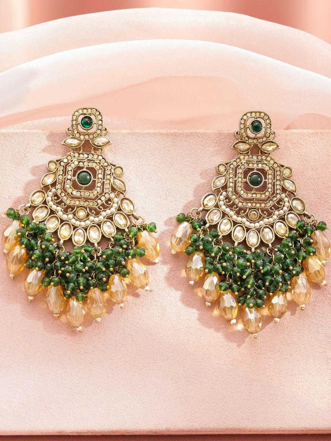 Rubans 22K Gold-Plated Cubic Zirconia Studded And Beaded Geometric Shaped Drop Earrings-picture-14
