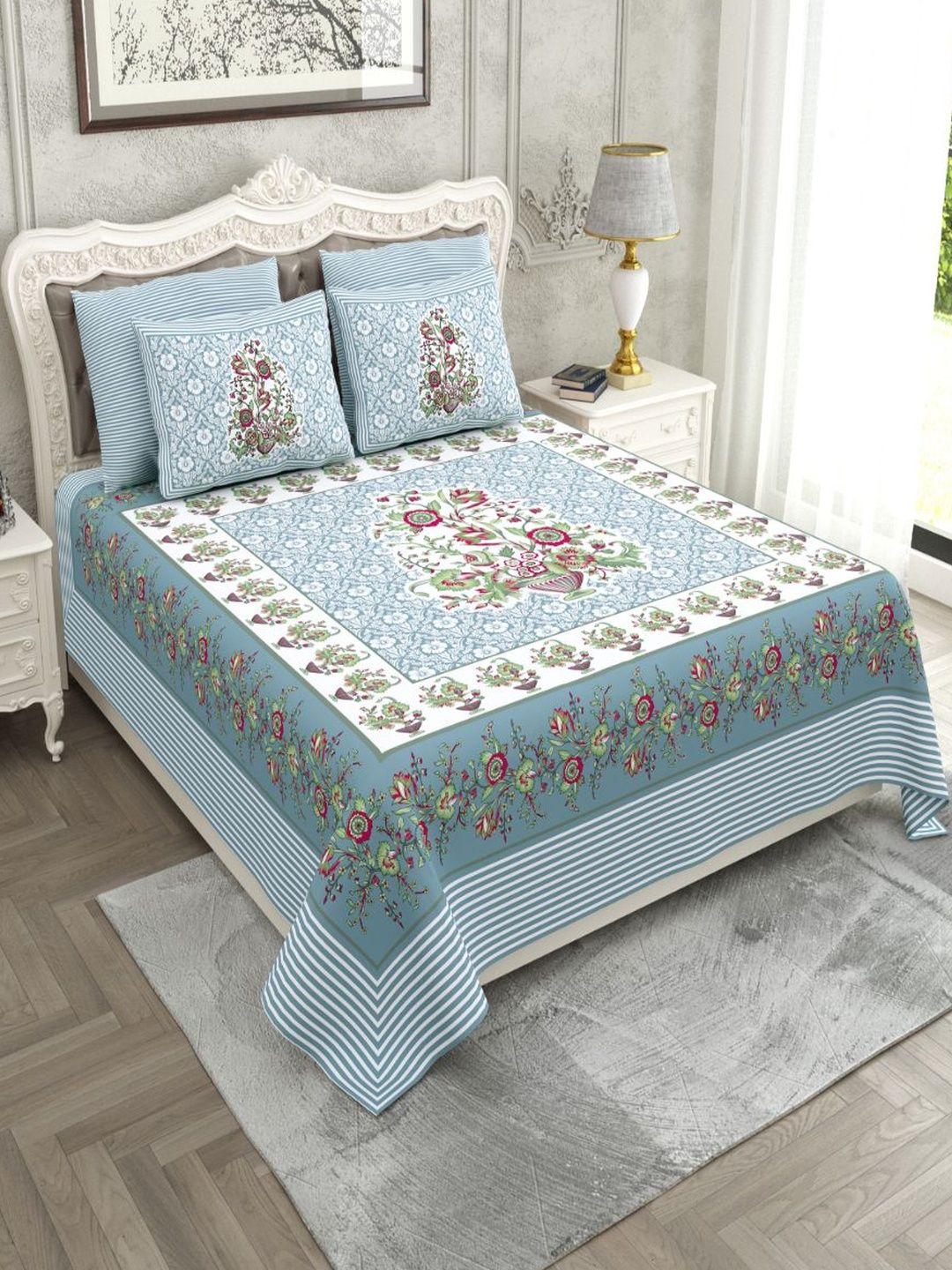 Myntra Elegant Homes Blue 260 TC Superfine Ethnic Motifs Cotton Super King Bedsheets-image-35