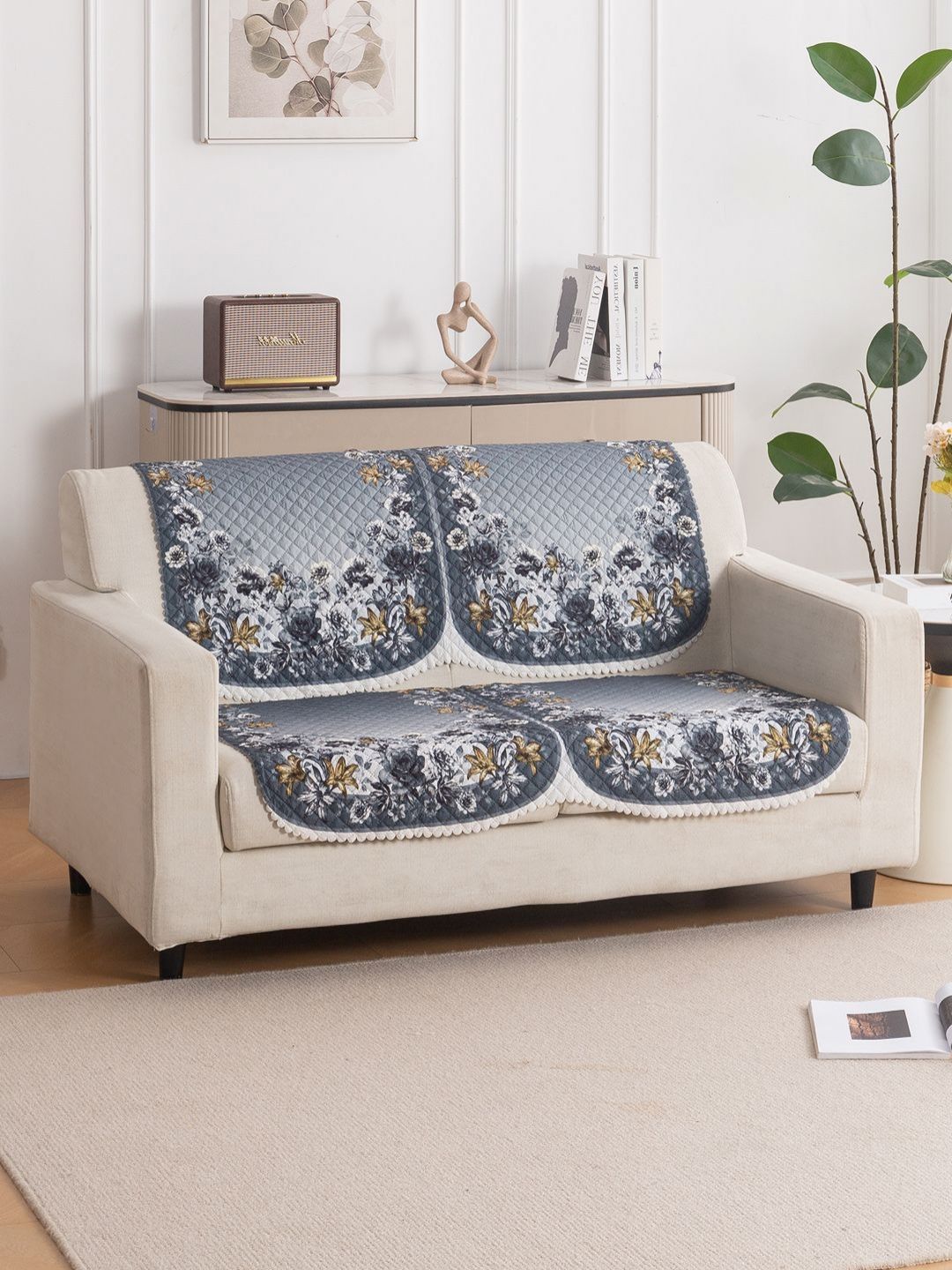 HOKIPO LoomVerse 2 Pieces Grey & Blue Printed Polyester 2 Seater Sofa Cover-picture-28