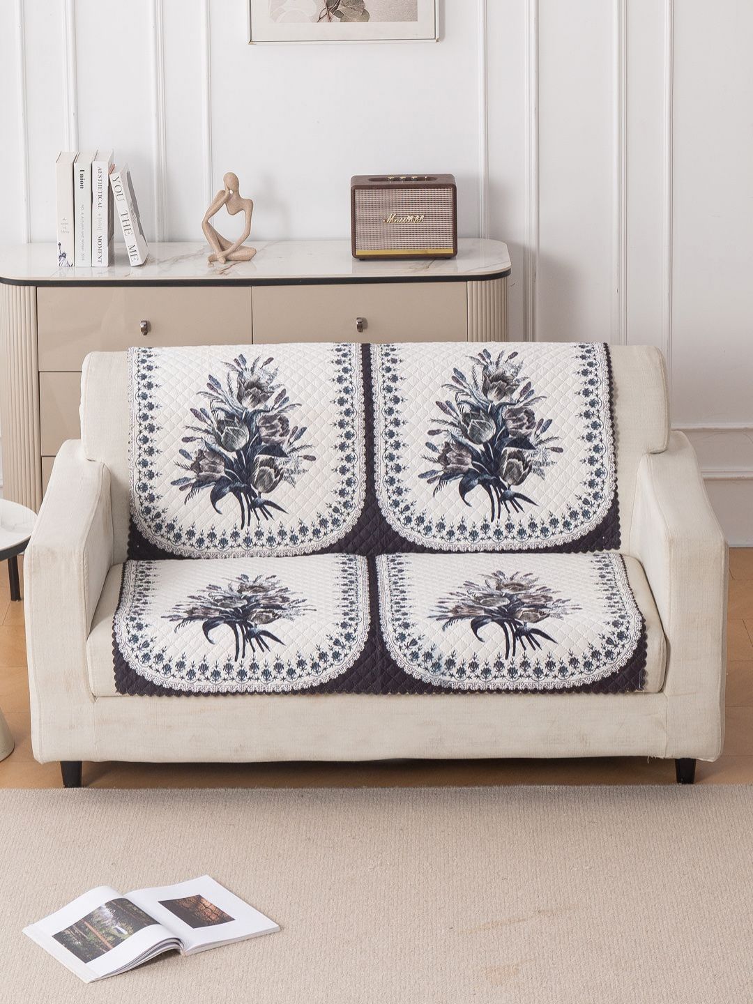 HOKIPO Midnight Bloom Polyester 2 Seater Sofa Cover Set for Seat & Back-picture-34