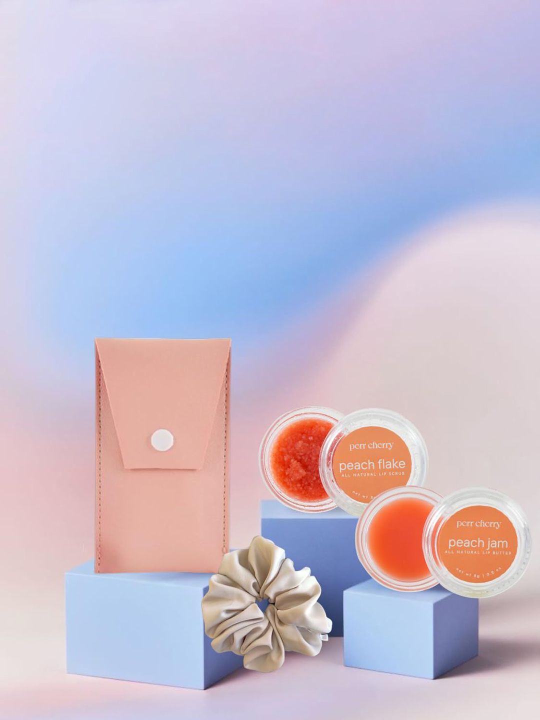 PERR CHERRY Set Of 4 Peach Flakes Lip Scrub- Lip Balm- Scrunchie & Pouch-picture-16