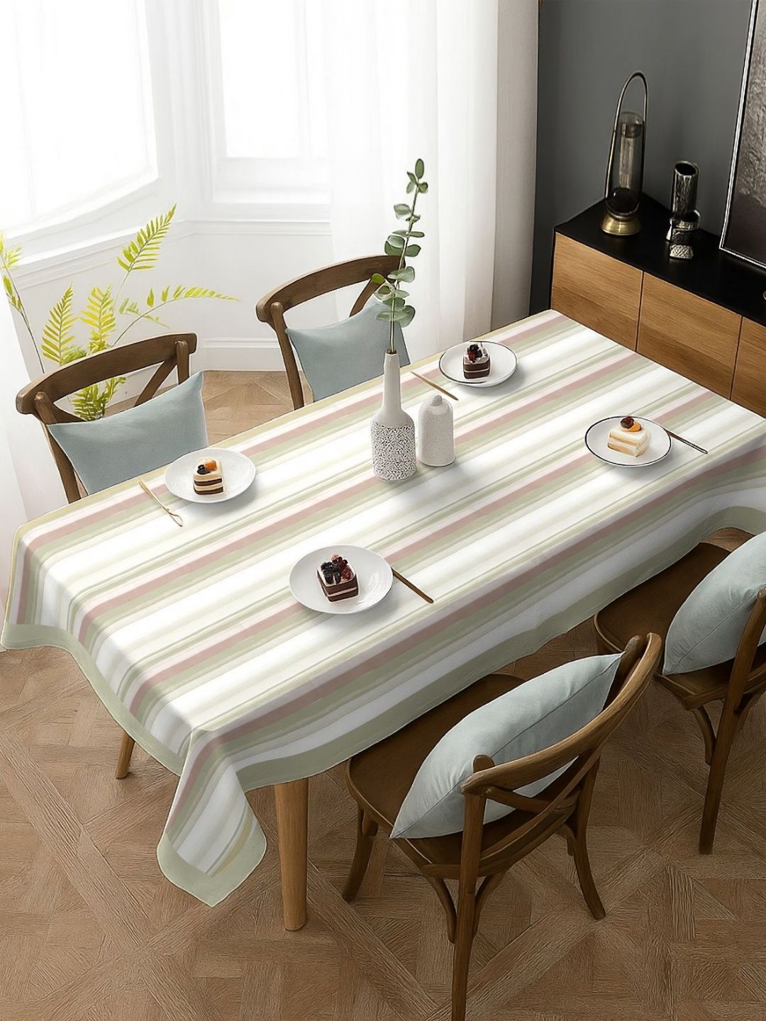 CASABLEU Green & White Striped 6-Seater Table Cover-image-42