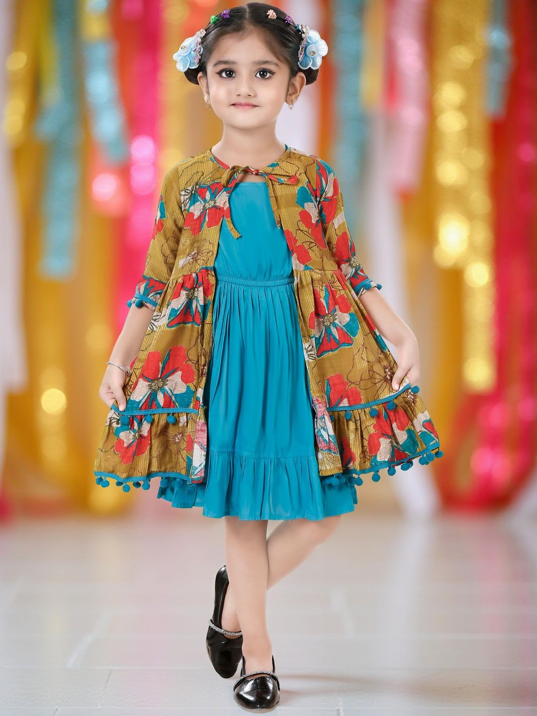 KAARIGARI Girls Floral Layered Fit & Flare Dress With Shrug-picture-37