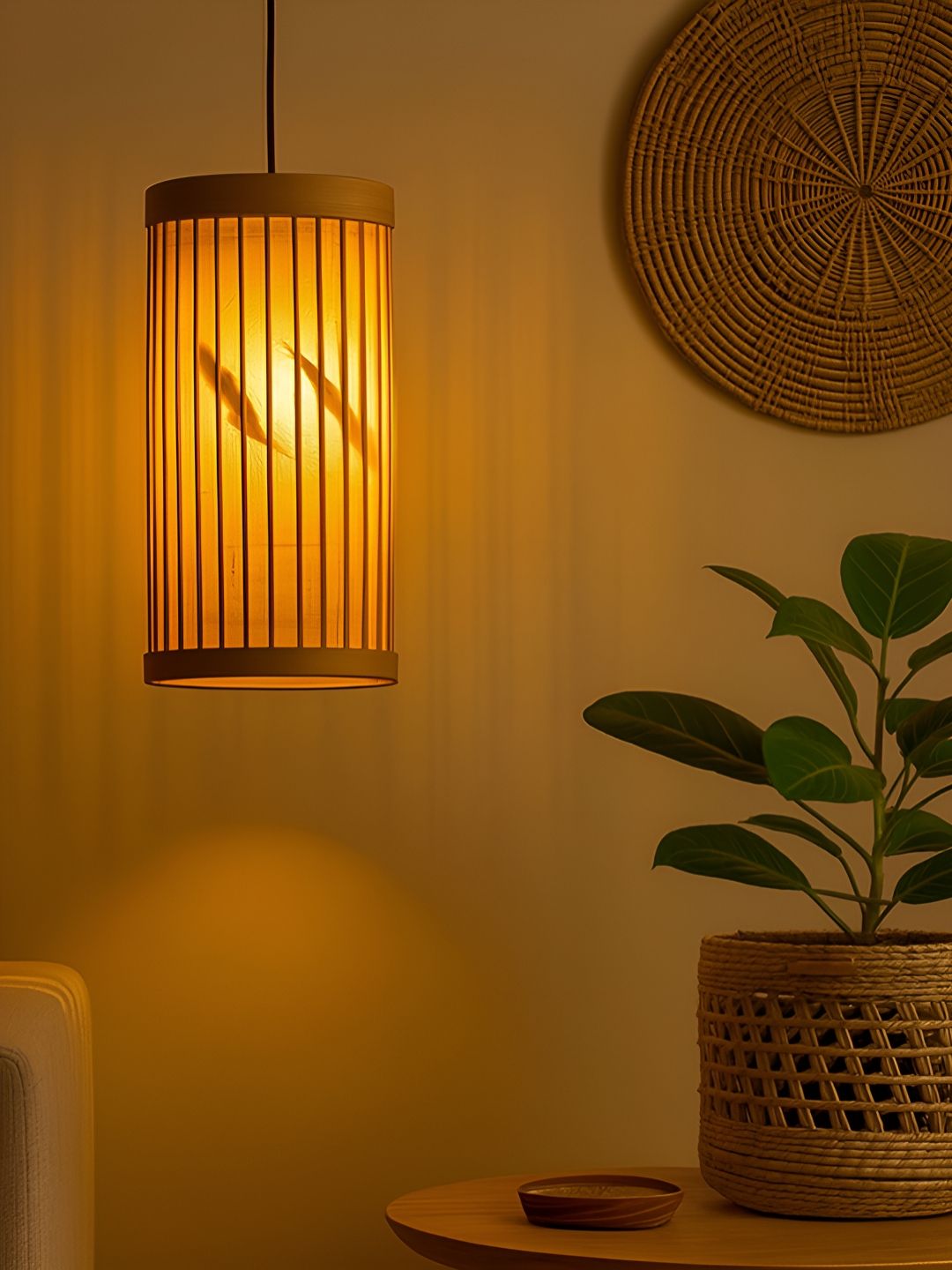 HABERE INDIA Beige & Black Textured Cylinder Shaped Ceiling Lamp-image-21