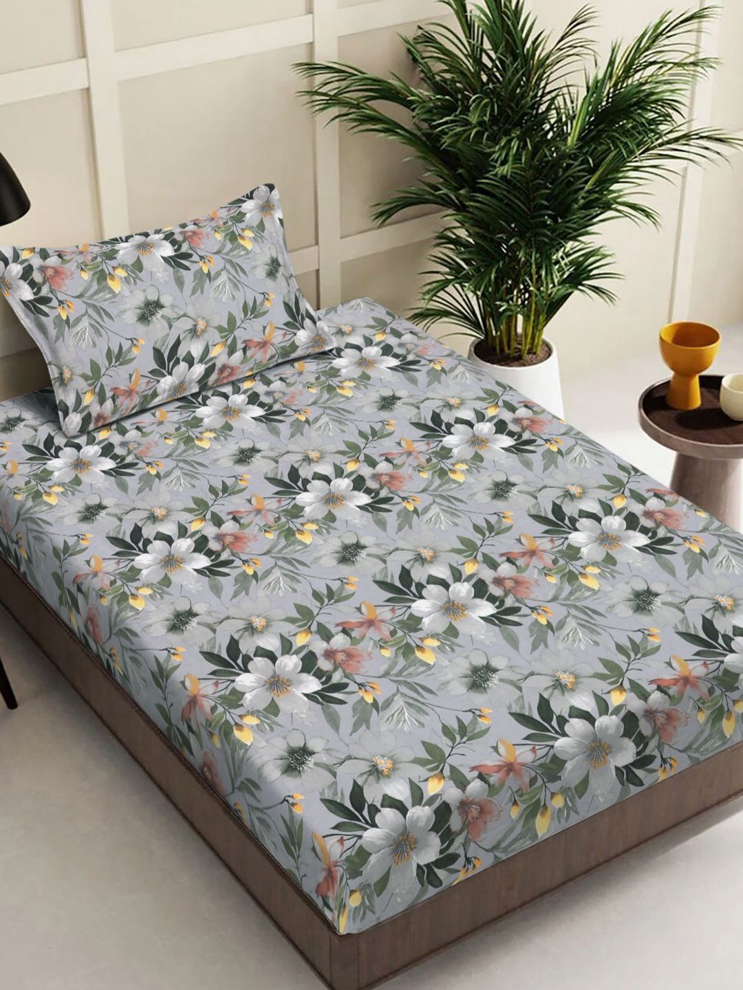 FABINALIV Multicoloured Floral 300 TC Single Bedsheet with 1 Pillow Cover-picture-12