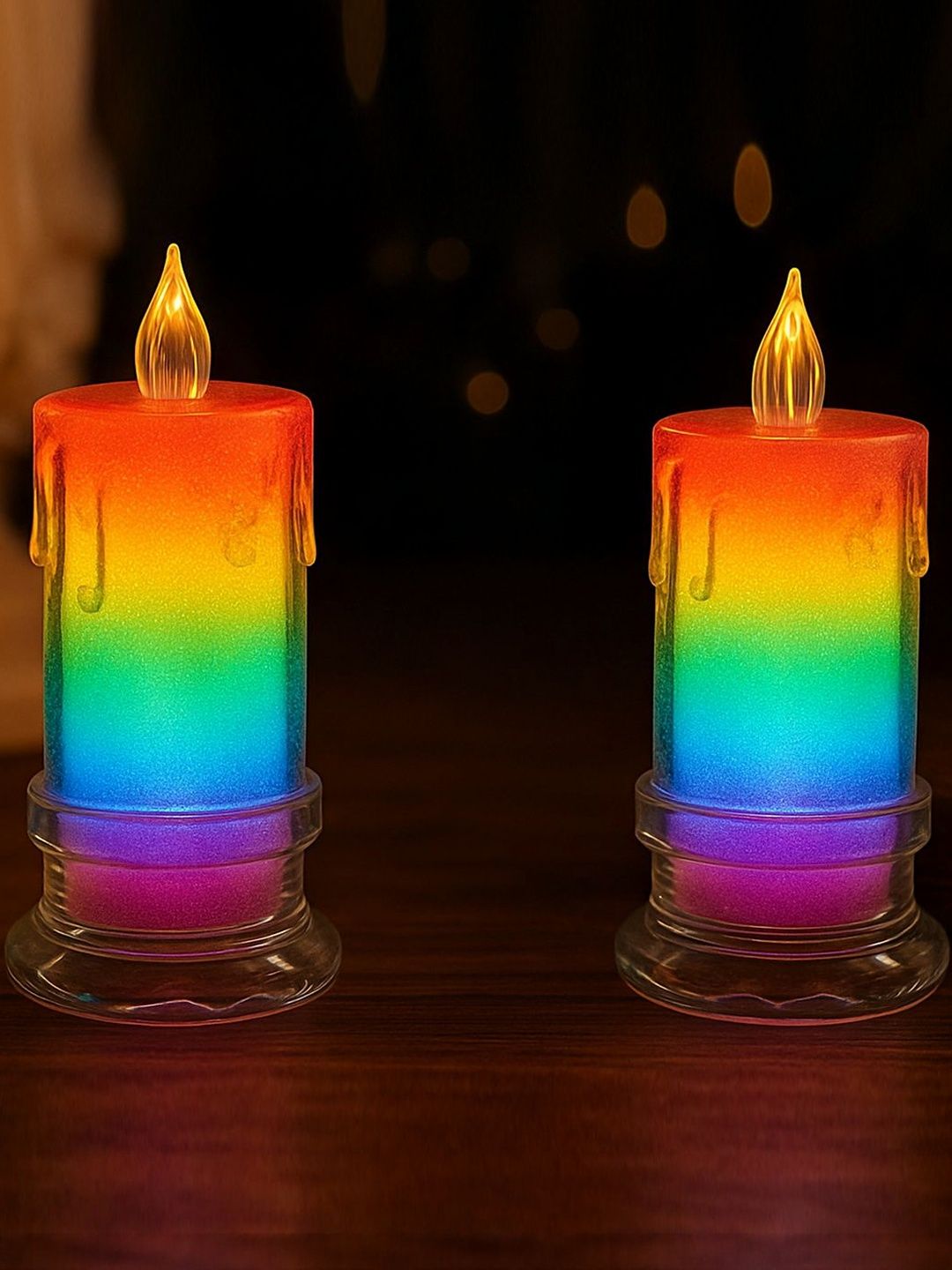 Decorcity Set Of 2 Rainbow Glow Flameless Pillar Candles with Drip Decorative Flickering-image-26
