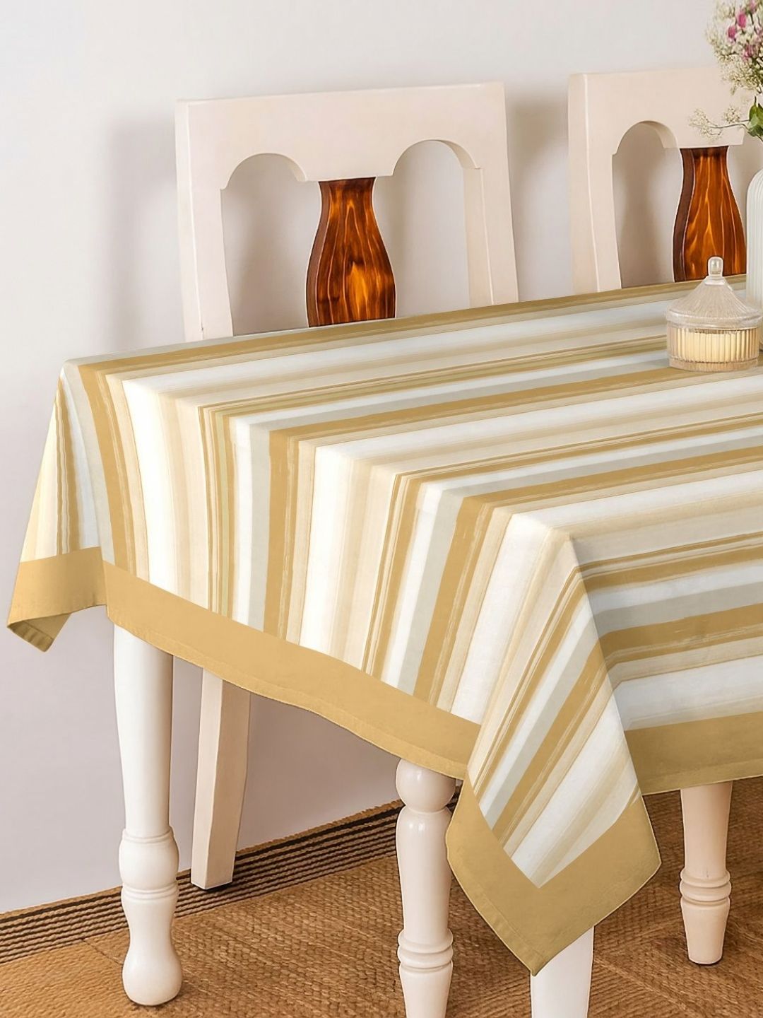 CASABLEU Beige & White Striped 6-Seater Table Cover-image-14