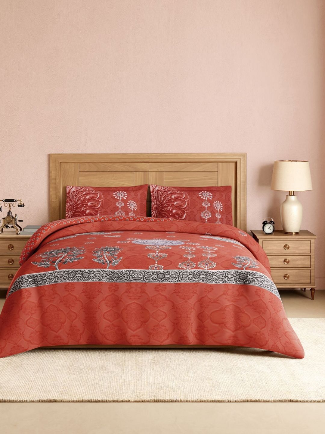 SPACES Coral & Charcoal Floral Print 300 TC King Bedsheet with 2 Pillow Covers-image-5