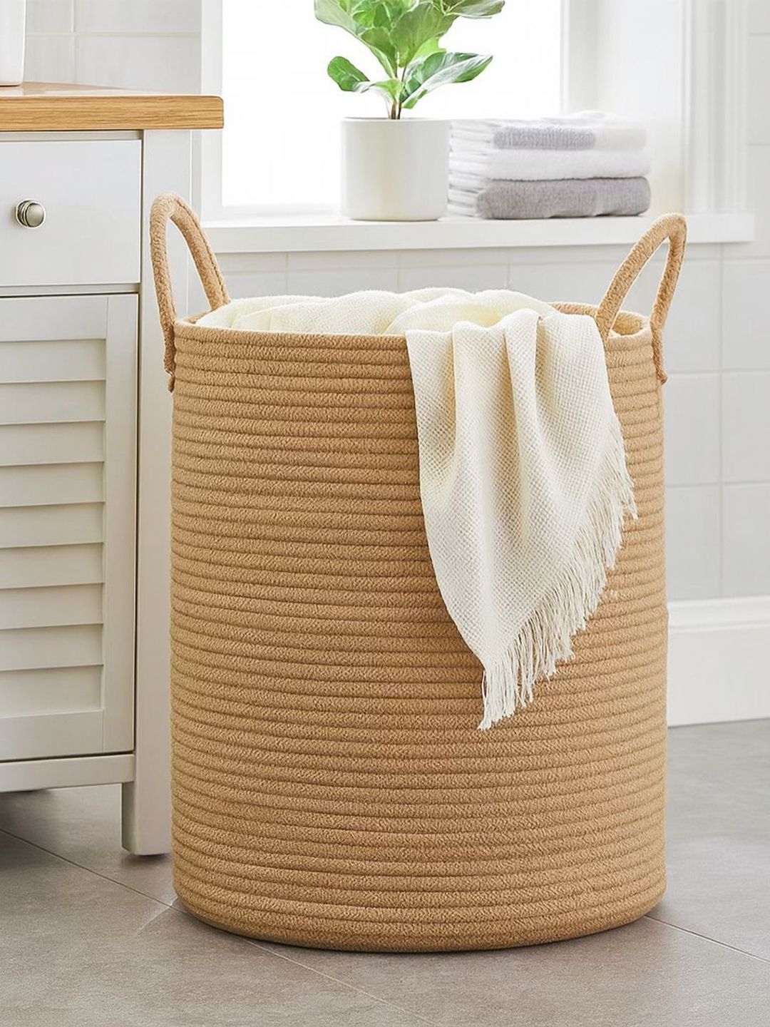 HABERE INDIA Beige Textured Jute Laundry Bag With Handles-picture-20