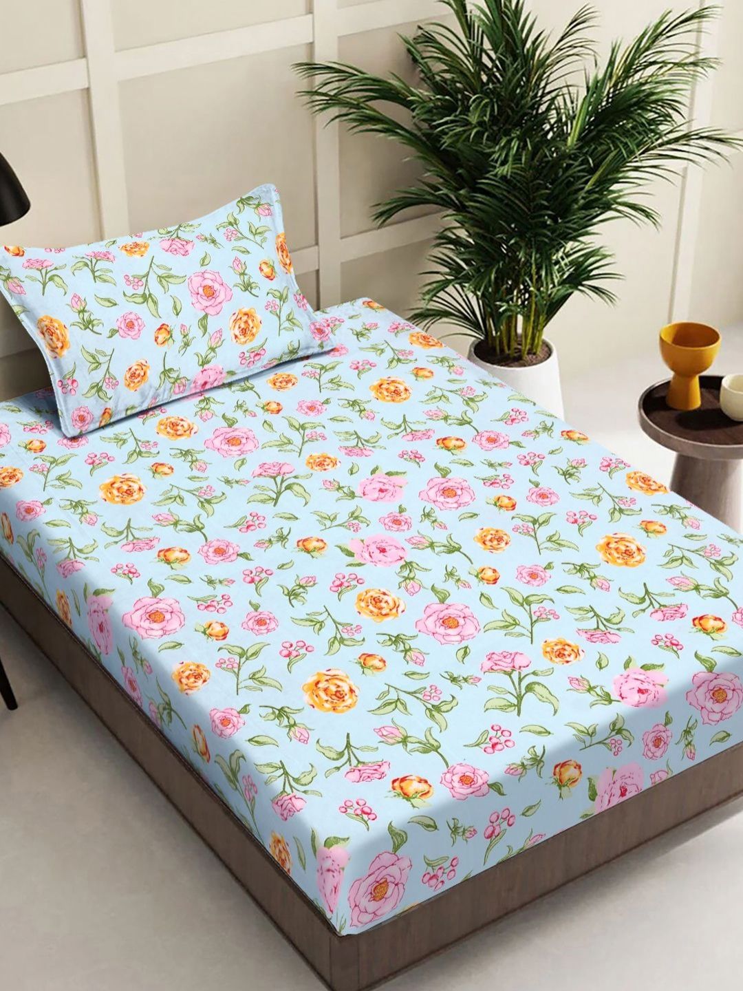 FABINALIV Multicoloured Floral Single Bedsheet with 1 Pillow Covers-300 TC-picture-13