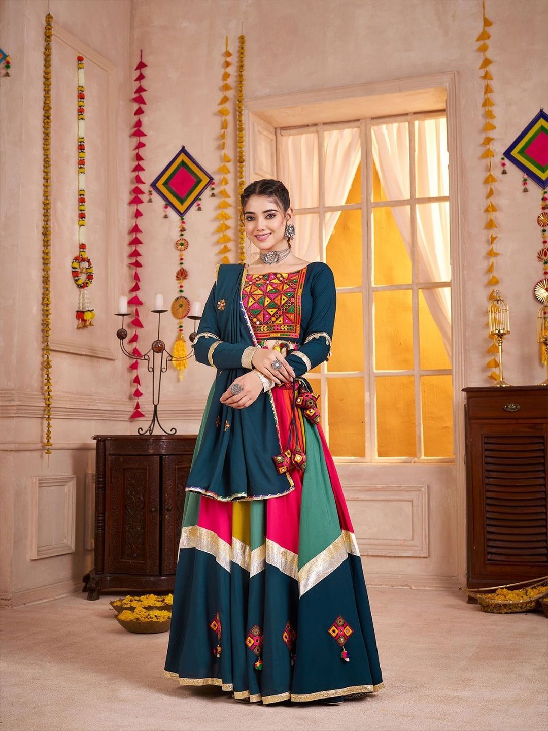 ODETTE Women Embroidered Viscose Cotton Ready To Wear Lehenga & Blouse With Dupatta-image-3