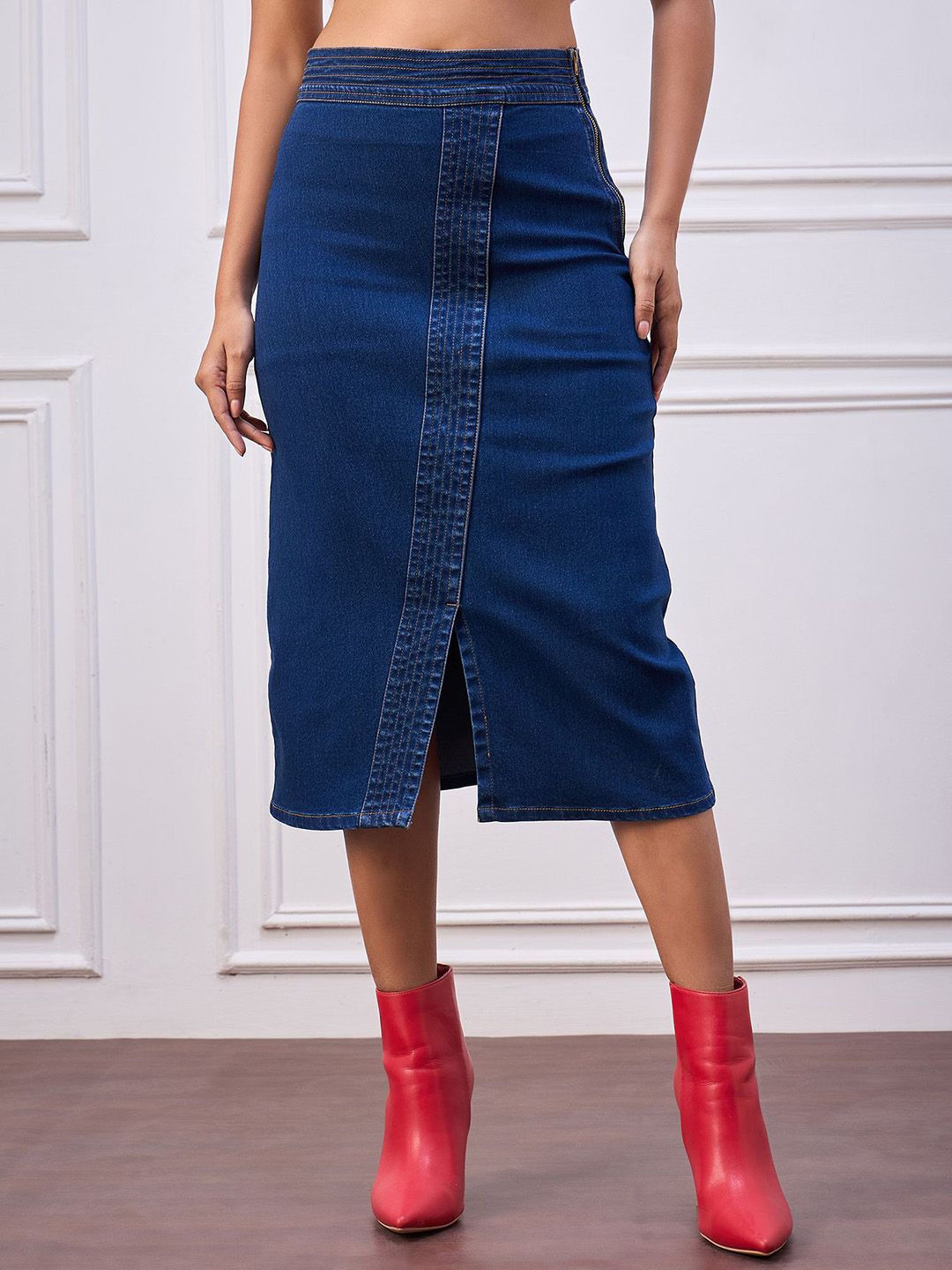 StyleStone Women High Rise Denim Straight Midi Skirt-picture-19