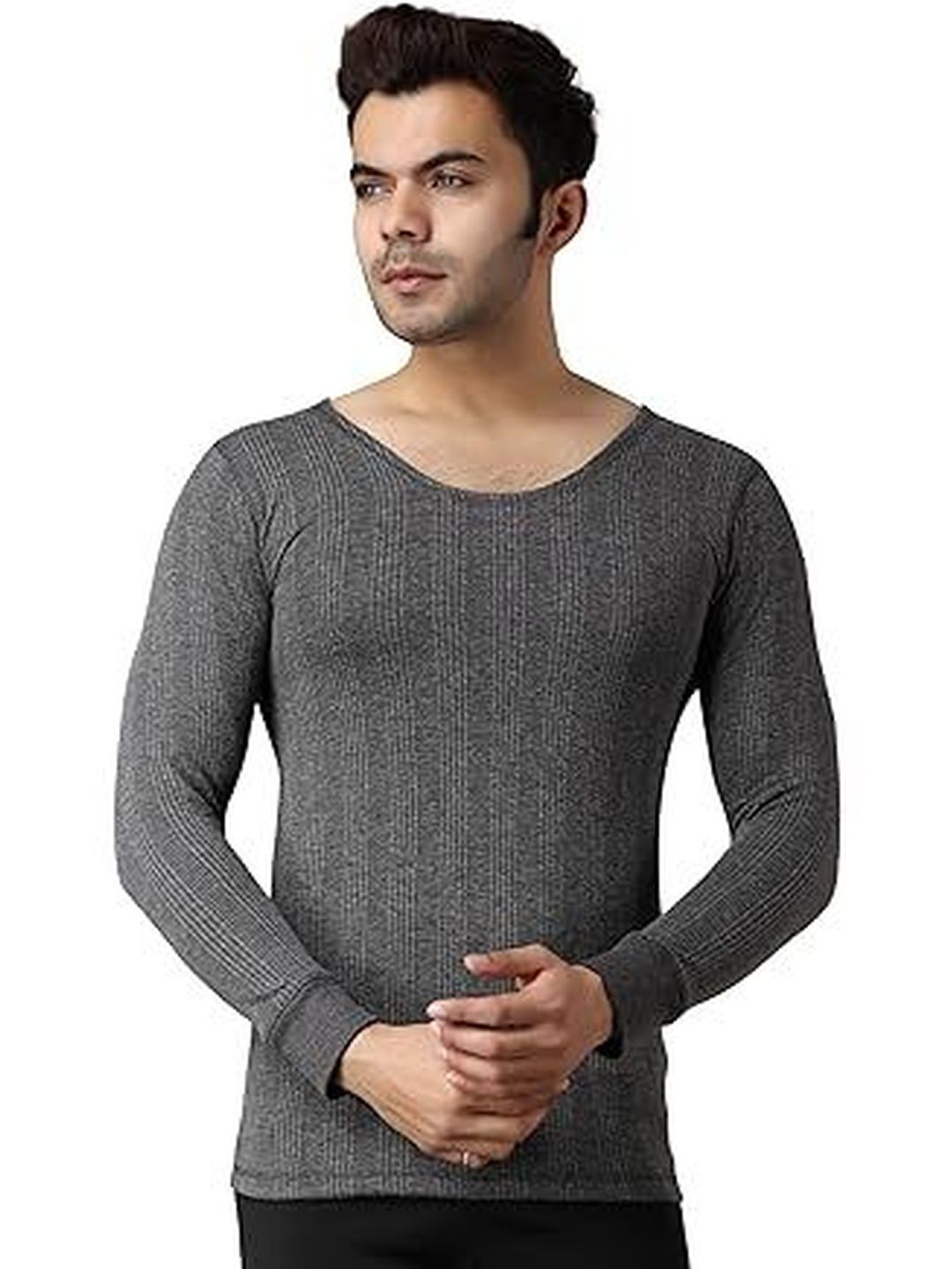 Eleg & Stilance Men Grey Woolen Winter Round Neck Long Sleeves Slim Fit Thermal Top-picture-8