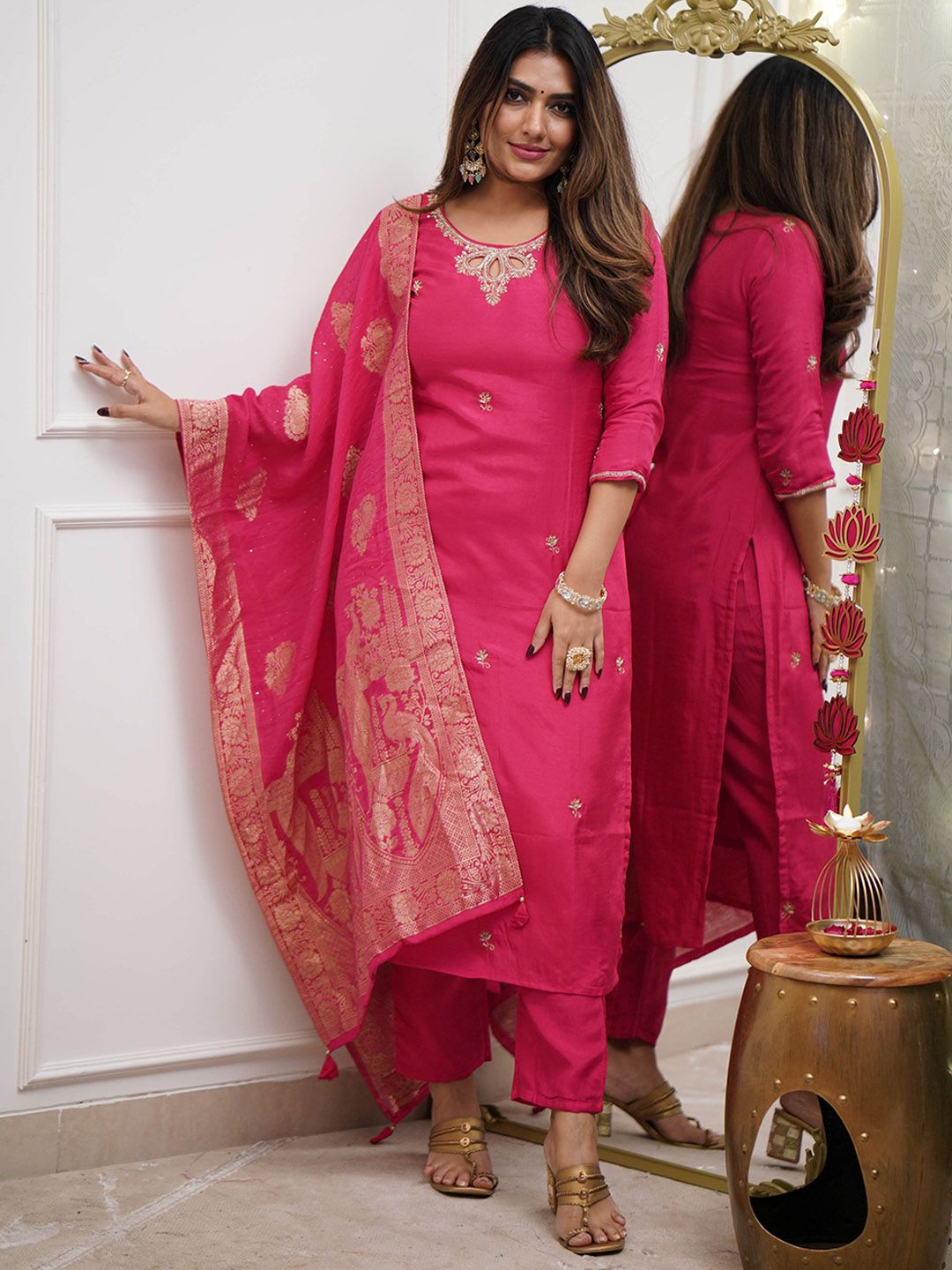 J.KANJI Women Ethnic Motifs Embroidered Kurta with Trousers & Dupatta-picture-15