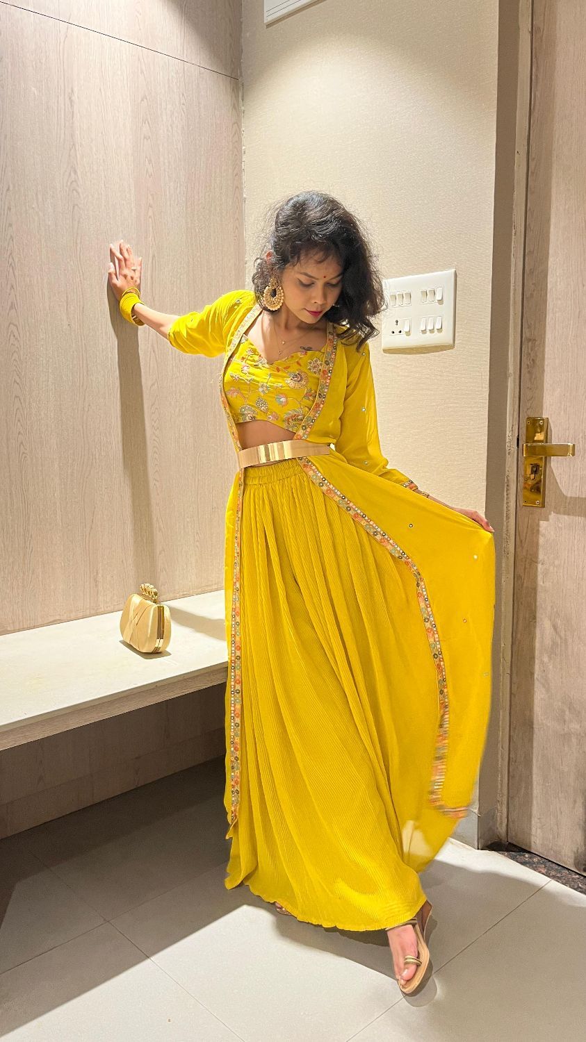 Buy KVSFAB Blue Sequinned Mirror Work Top & Sharara with Shrug