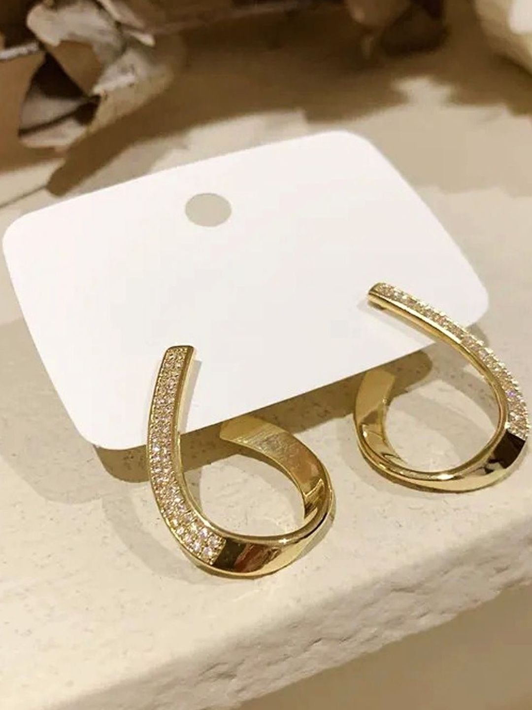 FIMBUL Gold-Plated Rhinestone Studded Contemporary Half Hoop Earrings-picture-22