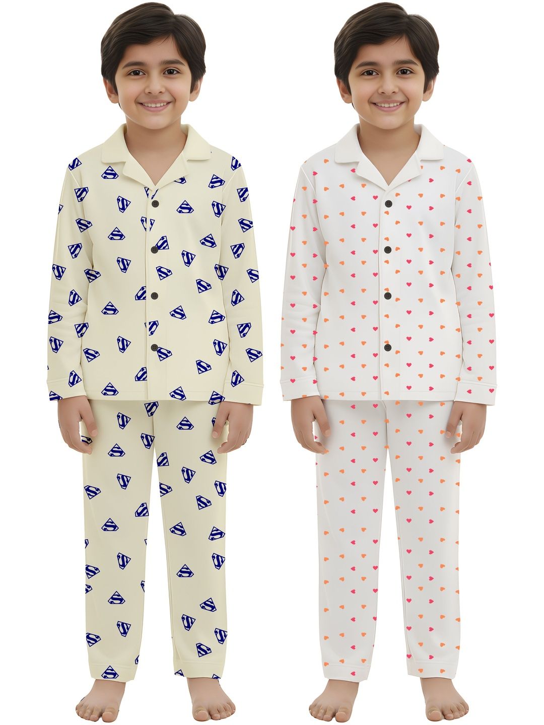 Fasha Kids Unisex Pack Of 2 Printed Cotton Shirt Collar Long Sleeves Nightdress-picture-3