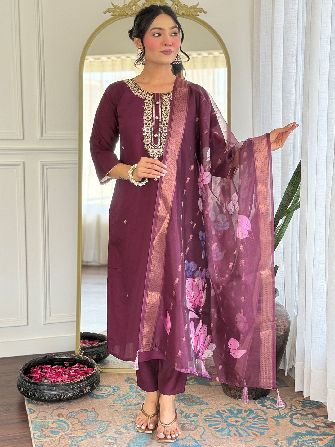 J.KANJI Women Floral Printed Kurta with Trousers & Dupatta-picture-32