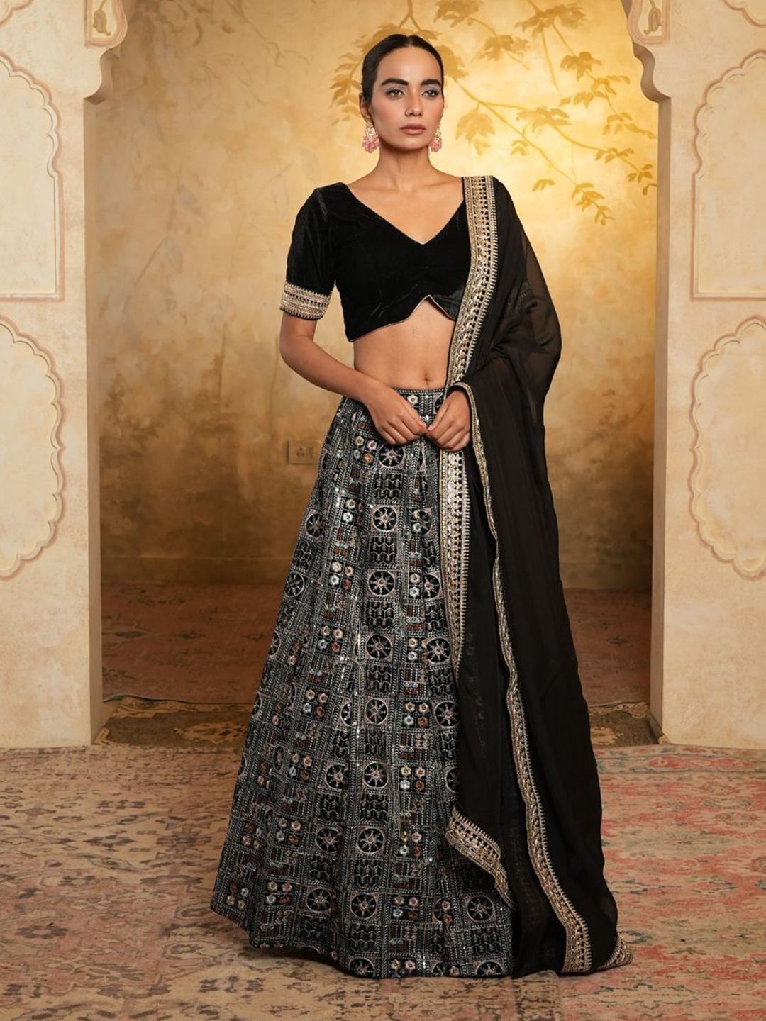 Uttaraa Embroidered Thread Work V-Neck Ready To Wear Lehenga & Blouse With Dupatta-picture-11