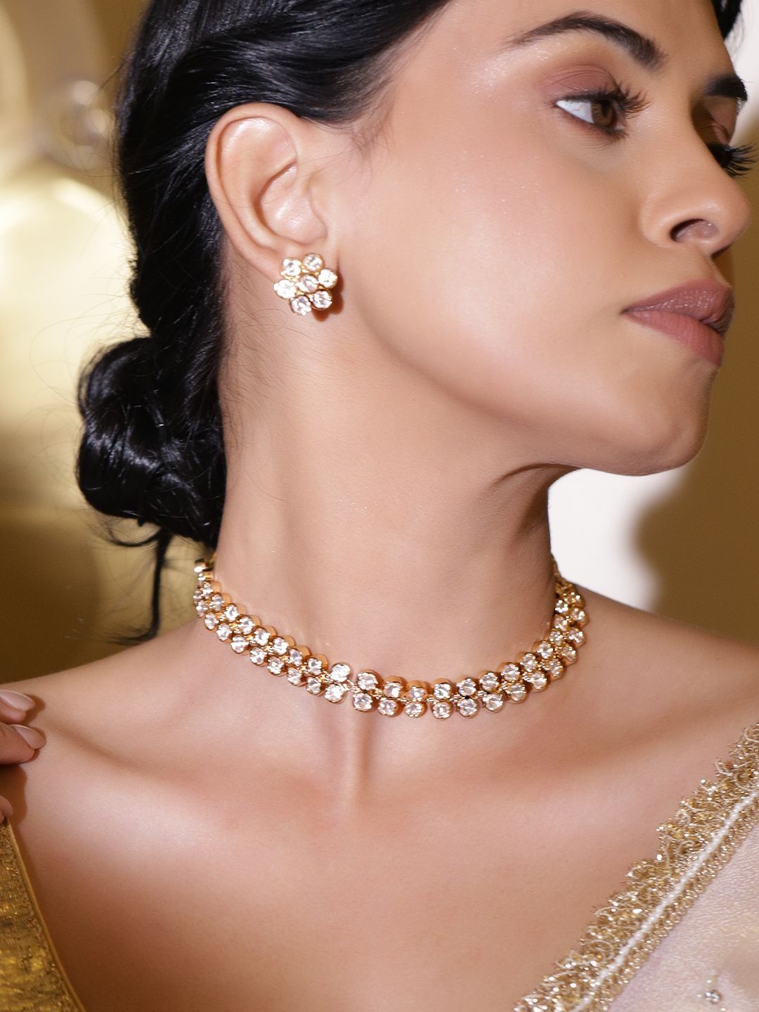 Rubans 22K Gold-Plated White Kundan Floral Choker Necklace Set with Stud Earrings-picture-10