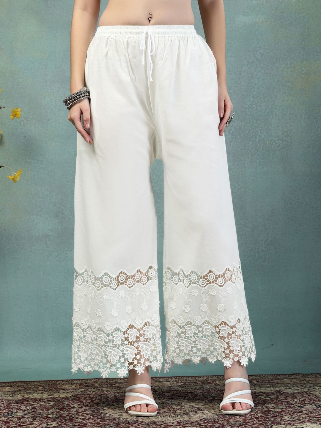 Clora Creation Women Floral Hem Design Wide Leg Cotton Ethnic Palazzos-picture-44