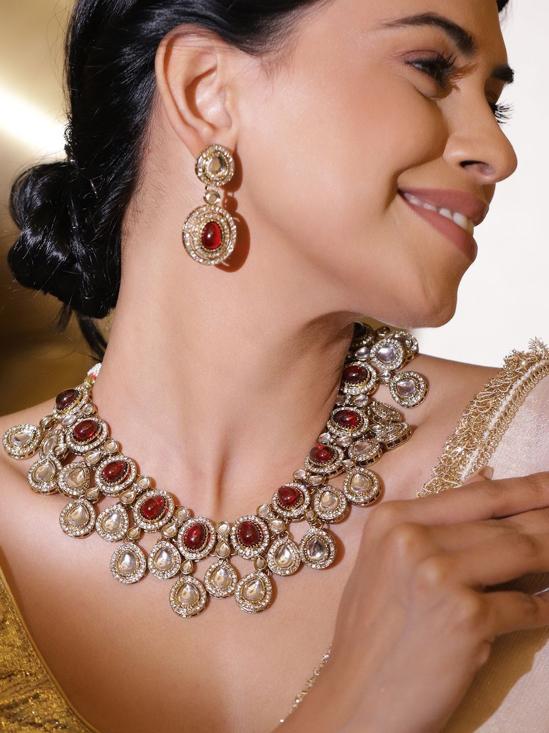 Rubans 22K Gold-Plated Ruby Red, White Kundan & Cubic Zirconia Luxe Statement Necklace Set
