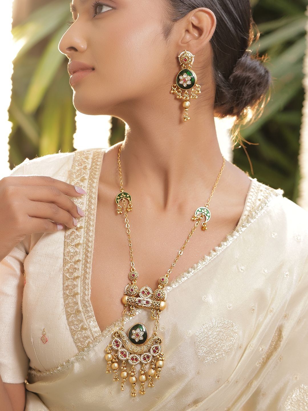 Rubans 22K Gold-Plated Ruby Red & Emerald Green Enamel Long Necklace Set with Golden Drops