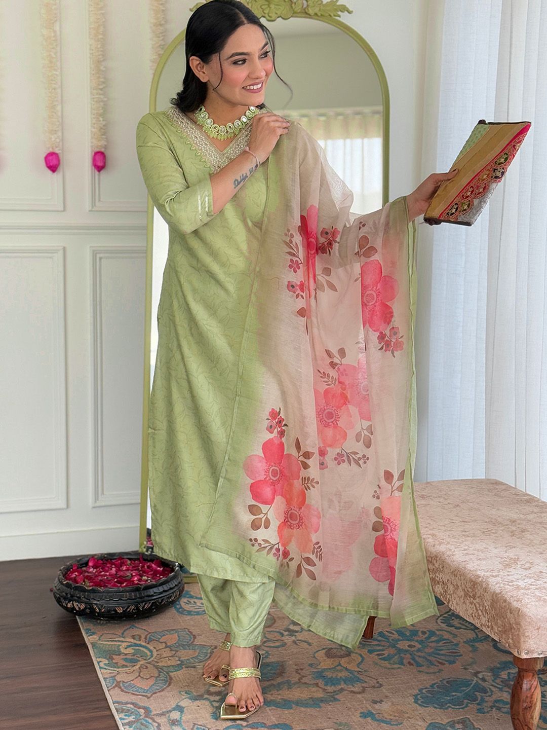 Brand Hill V-Neck Thread Work Straight Kurta With Salwar & Dupatta-picture-23