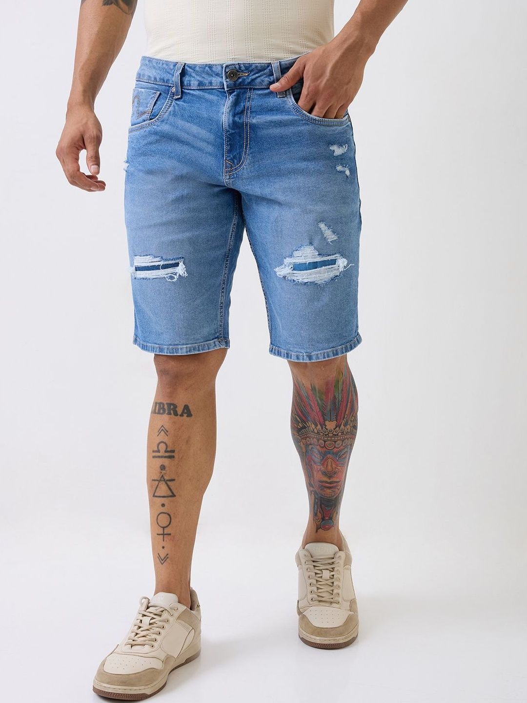 SPYKAR Men Blue Distressed Mid Rise Cotton Denim Shorts-image-34