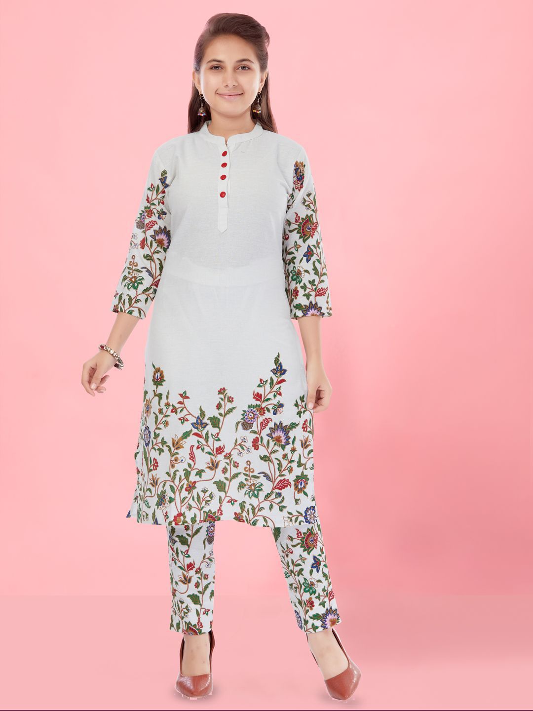 BAESD Girls Floral Printed Cotton Mandarin Collar Straight Kurta